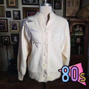 Vintage 80s Cream Big Star Ivory Angora Embellished Cardigan Sweater Cardigan
